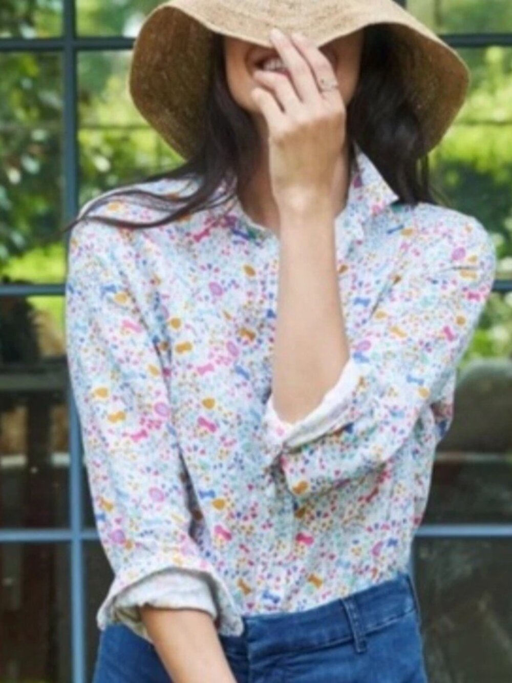Frank & Eileen Floral Linen Blouse Top Shirt Women's XS Long Sleeve Button Front